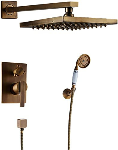 Sistema de Ducha con Grifo de Ducha Empotrado, Acabado Vintage de latón Cepillado, Cabezal de Ducha Tipo Lluvia de 20 cm y Ducha de Mano (Incluye Cuerpo de válvula y embellecedor para Grifo)