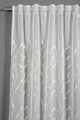 Sehlbach Tenda pronta per l'uso con fettuccia, In voile Dolly ricamato, Naturale, 140 x 245 cm, Traslucida, Opaca, Certificato Oeko-Tex, Fissaggio facile