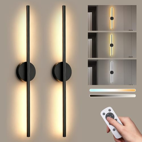 Battery Operated Wall Lights Set of 2, Rechargeable Wall Sconces with Remote Remote, 3 Colors Dimmable, 350° Rotation, 70CM Long Stick on Wireless Modern LED Lamp for Bedroom Living Room Hallway,Black