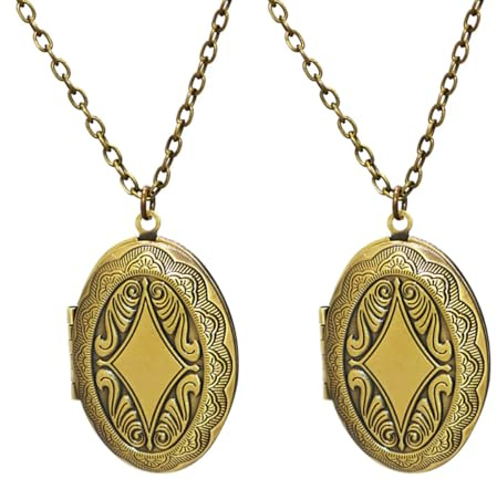 JOINPAYA Collar con Medallón Ovalado de Bronce Antiguo para Mujer Colgante Portafotos con Cadena Grabada Joyería Vintage Conmemorativa 2 Piezas Accesorio Espiritual y Personal