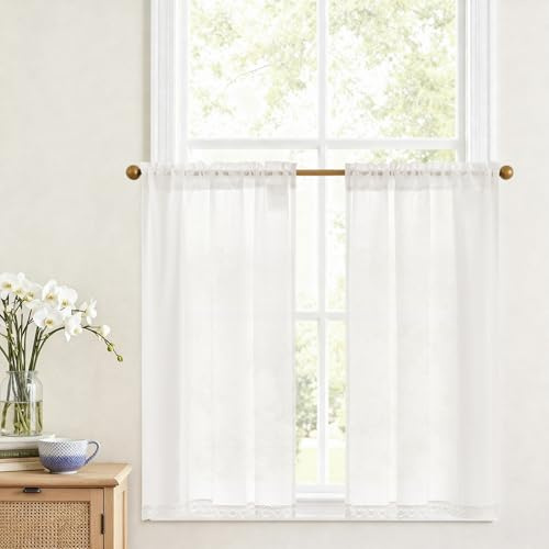 Vangao Scheibengardinen Leinenoptik Bistrogardine 2er Set 90Bx90H cm Weiß