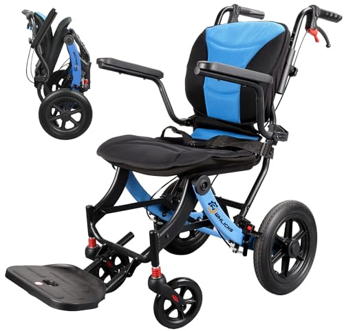 WHLICKS Rollstuhl Faltbar Leicht für Erwachsene und Senioren, Tragbarer Reisestuhl mit Abnehmbarem Polster und 11-Zoll-Rädern, Ergonomischer Rollstuhl, Höhenverstellbar, für Jedes Gelände Geeignet