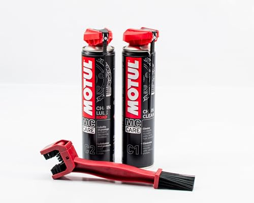 Gazoobike Pack de mantenimiento de cadena de moto MC Care, limpiador C1 400ml + lubricante C2 400ml con cepillo de limpieza, kit completo para cadena de moto