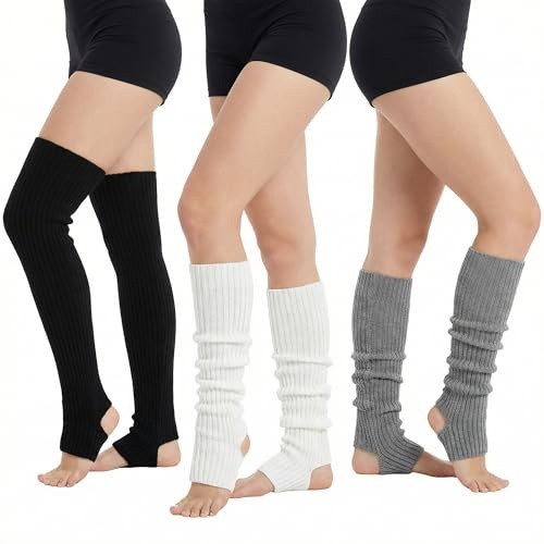 hankousi Lot de 3 paires de jambières en polyester doux pour femme avec motif Step-In Noir/gris et blanc Pour la danse, le yoga et les vêtements d'hiver décontractés