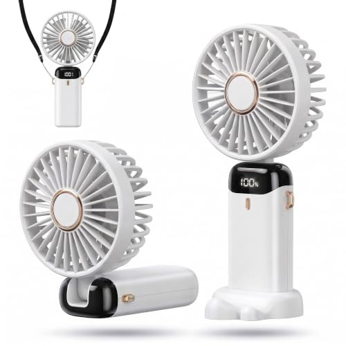 HomlyPro Handheld Fan, 5000mAh Battery-Operated Portable Fan with LED Display, 5 Speeds Strong Airflow & 90° Foldable Design, Small Desk Fans for Home Office Outdoor Travel Essentials (White)