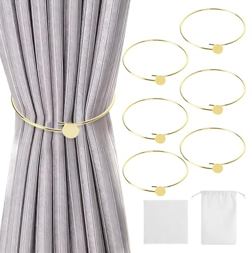 Haocjanc 6 stycken gardinomtag guld, gardinomtag för gardiner av metall, elegant gardinhållare, gardinhållare med rengöringsduk och förvaringsväska för vardagsrum, sovrum, kontor
