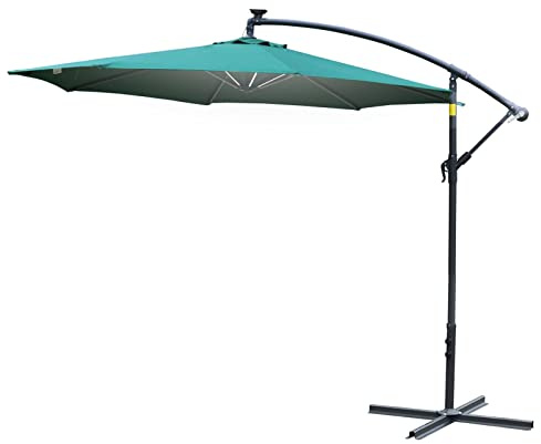 Garden Parasol LED Patio Banana Umbrella Cantilever Parasol w/Crank Base Green Patio Umbrella Garden Umbrella Sun Shade Canopy