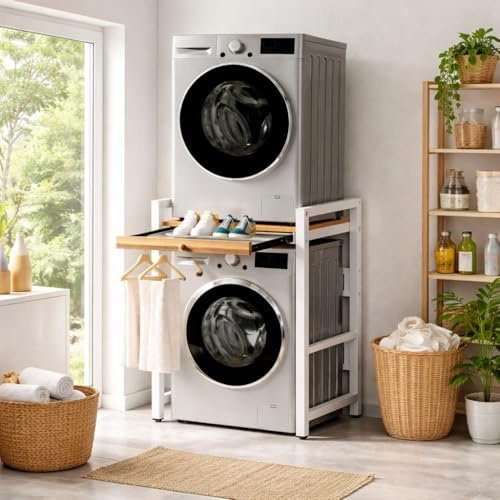 Mueble para lavadora y secadora, Armario para lavadora, Estantería Superior para Lavadora, Estante Organizador de Baño Ahorra Espacio,Madera E1 y Acero, 350 kg de Carga, 73 x 63 x 105cm (Blanco)