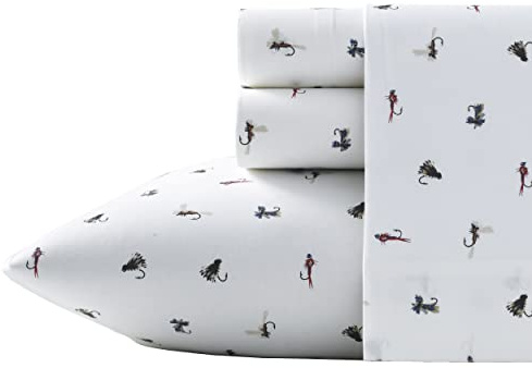 Eddie Bauer Home Sheets Cotton Percale Bedding Set, Crisp & Cool, Stylish Home Decor, 3 pcs, Twin, Fishing Flies White/Multi