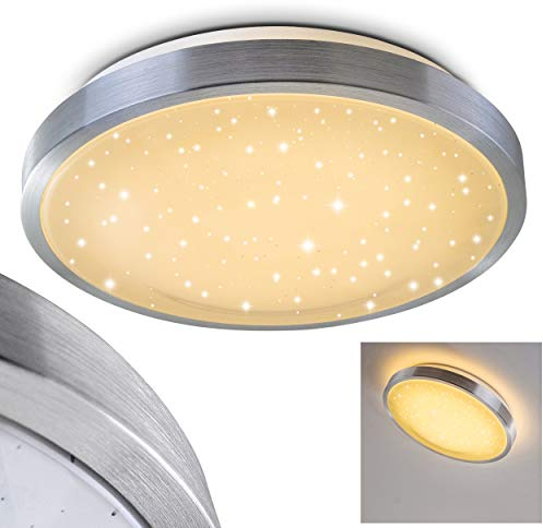 LED Deckenleuchte Sora STAR, runde Deckenlampe mit Sternenhimmel-Effekt aus Metall in Aluminium gebürstet, 12 Watt, Lichtfarbe 3000 Kelvin (warmweiß), IP 44, auch für das Badezimmer geeignet
