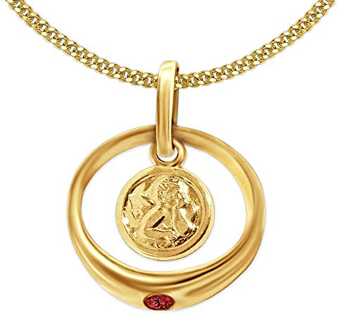 CLEVER SCHMUCK Goldener Mädchen Taufring mit Engel rund und echtem Rubin glänzend 333 Gold 8 Karat und vergoldeter Kette Panzer 36 cm im Schmucketui