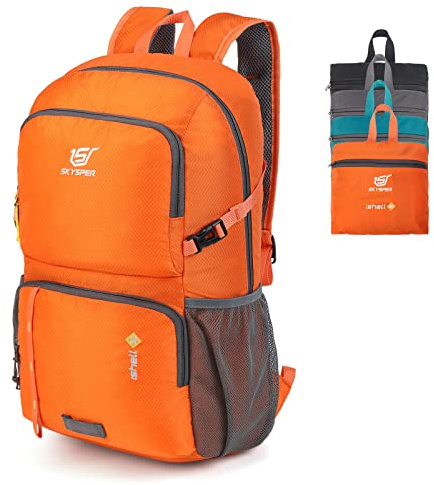 SKYSPER Zaino Ultraleggero Pieghevole 30L Resistente all'Acqua con Strisce Riflettenti Zaino da Trekking per Hiking Escursione Viaggio Uomo Donna, Arancione