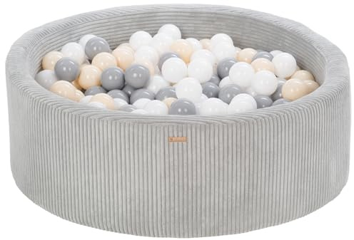 Bällebad Bällepool Bällebecken Spielbecken Kordsamt-Bezug 300 Bälle rund ⌀90 cm (Farbe des Pools/der Bälle: grau/weiß, grau, cappuccinofarben)