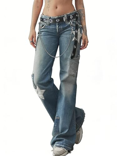 DINGJIUYAN Jean taille basse Y2k pour femme - Jambe large - Pantalon en jean avec poches - Coutures grunge - Star - Avec ceinture, M