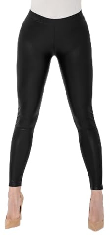 GLADYS - Leggings Eleganti in Ecopelle - A Vita Media, Felpati, Leggings Pesanti Invernali - Nero, L