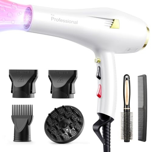 Dekuri Hair Dryer - Professional Ionic Hairdryer, Powerful 2000W AC Motor for Fast Drying, 4 Heat & 3 Speed Settings, Cool Shot, Diffuser & 4 Nozzles for Women Man, Frizz-Free, White