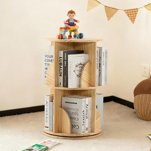 Mingone Bücherregal Kinder 360° Drehbar, 2-Ebenen Drehregal aus Massivholz, Standregal & Schreibtischregal für Kinderzimmer, Wohnzimmer, Büro, 40x40x66 cm