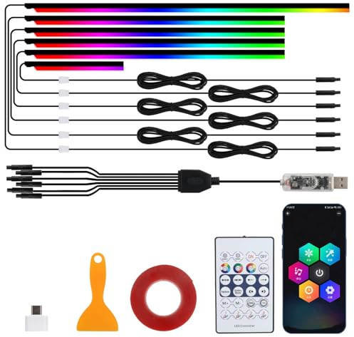 NeoFlow Dynamic RGB Interior Light Kit, 6 in 1 Dynamische RGB Innenbeleuchtung, Acryl LED Innenbeleuchtung mit APP-Steuerung und Fernbedienung, Ambientebeleuchtun Strip mit Musik Sync für Dekor (A)