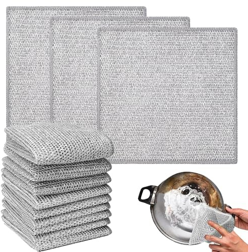 10 PCS Wire Dishwashing Rags Multipurpose Wire Cleaning Cloths Reusable Non Scratch Silver Mesh Dishcloth for Home Kitchen Pots Dish Sink Stove Top Wet and Dry Use