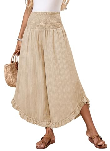 Samefar Women's Linen Pants Boho Wide Leg High Waisted Palazzo Pants for Women Summer Flowy Ruffle Hem Beach Lounge Casual Trousers Apricot Large