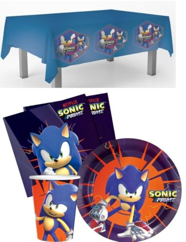 Set 37 pz - Kit Coordinato tavola S O N I C PRIME riccio BLU - decoro buffet feste, compleanno, party per bambini - set in carta monouso - 8 piatti + 8 bicchieri +20 tovaglioli + 1 tovaglia