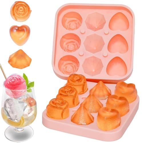 Rose Large Ice Cube Mold, Ice Cube Molds Trays, Rose Silicone Soap Moulds, Food Grade for DIY 3D Ice Trays, Heart and Diamond Shape, BPA Free, Silicone Trays for Whiskey, Cocktails, Juice, Pink