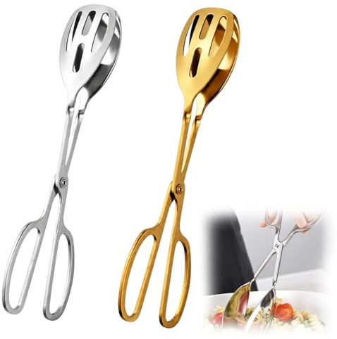 2 pcs Salad Servers Kitchen Tongs, Dual Coloured Serving Tongs for Food Handling, Filter Liquids from Food with Barbecue Clip, 25.5 cm by 4.5 cm Stainless Steel Tongs, Kitchen, Party(Sliver)