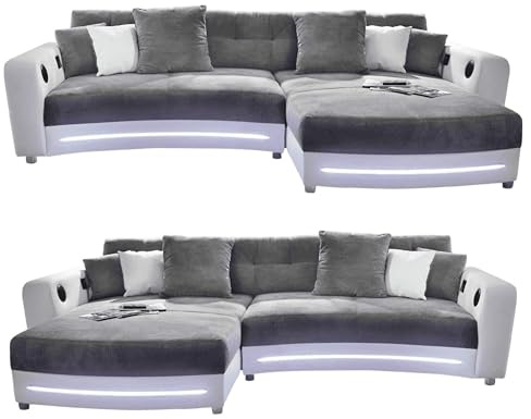 luma-Home 15410/ Multimedia Ecksofa, Kunstleder Weiß - Mikrofaser Grau | B322/T190/H88 cm, RGB-LED Beleuchtung, Soundsystem inkl. Bluetooth, USB, AUX-in, Couch spiegelverkehrt montierbar