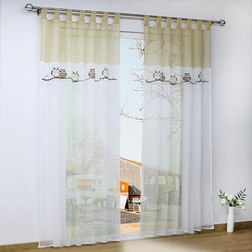 Yujiao Mao Stickerei Eule Druck Voile Vorhange Kinderzimmer Gardine Schal mit Schlaufen 1 Stück BxH 140x145cm Sand