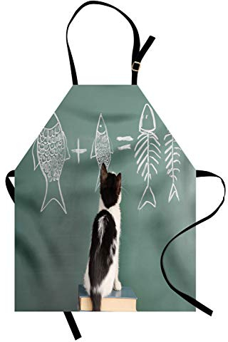 ABAKUHAUS Kätzchen Kochschürze, Katze, die Arithmetik mit Fisch-Problem auf Einer Tafel TUT, damit Kitty Fishbone löst, Farbfest Höhenverstellbar Waschbar Klarer Digitaldruck, Mehrfarbig