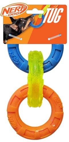 Nerf Dog 3-Ring Tug Outdoor Dog Toy, 7.5 Inch Ring Dog Tug Toy for Puppies and Small Breeds, Blue/Green/Orange