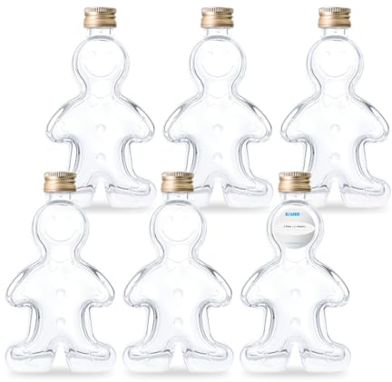 Flaschenbauer - 6 x Leere Glasflaschen 50ml Lebkuchenmann: Mini Glasflaschen mit Schraubverschluss Gold verwendbar als kleine Flaschen zum Befüllen, Leere Schnapsflaschen klein - Inklusive Etikett