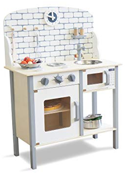 Holz Kinderküche Spielküche grau FSC Holz/Backofen Herd Mikrowelle Spüle Wasserhahn Wanduhr Salz- und Pfefferstreuer Pfannenwender Kochlöffel Drehknopf Küchenhelfer Rollenspiel