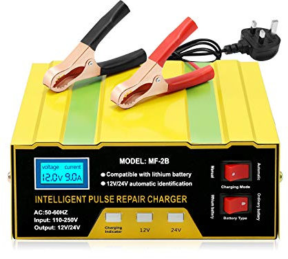 Hoypeyfiy 12V/24V 10A Smart Car Battery Charger - Automatic Battery Maintainer & Monitor for Cars, Trucks, Motorcycles, Boats, Lawn Mowers - Compatible with Lithium Lead-Acid Batteries