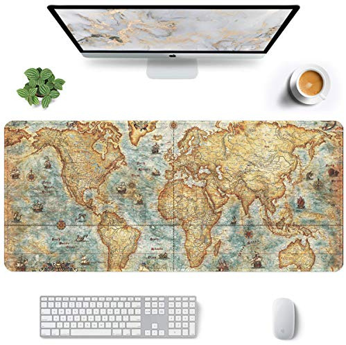Hsurbtra Großes Mauspad, 900 x 400 mm, Gaming-Matte mit vernähtem Rand, XXL, erweitertes wasserdichtes Computertastatur-Mauspad, Laptop-Schreibtischunterlage, rutschfeste Gummibasis,Weltkarte