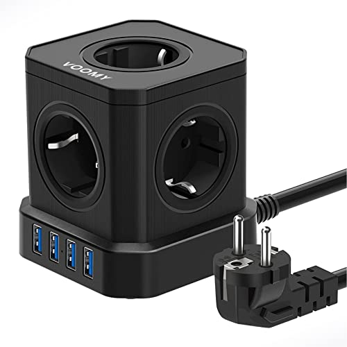 VOOMY Multiprise Cube 9-en-1 avec USB, 5 Prises avec 4 Ports USB, Prise avec Interrupteur, Parasurtenseur avec Interrupteur et Cable 2M, Rallonge Multiprise 2500W, Noir