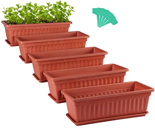 Skelang 5 vasi da fiori rettangolari 42,7 cm, supporto per piante con vassoio, fioriera da giardino con etichetta, per piante grasse, erbe, fiori (rosso mattone)