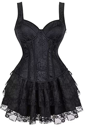 Josamogre Corset Bustier Femme Jupe Robe Set Sexy Bretelles Fermeture ?Clair Guêpière Lingerie Grande Taille Noir S
