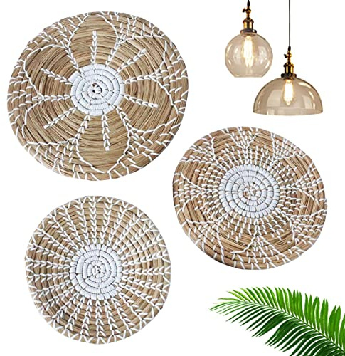 Wandkörbe Decor Boho Flat, Seagrass Gewebt Rund Bohemian Basket Wanddekoration - Handgemachte rustikale Korbwand für Weihnachten, Boho, Bauernhof Woyufen