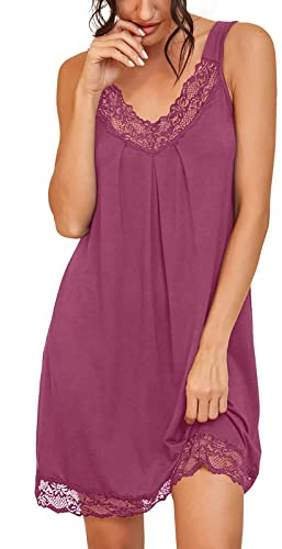 PrinStory Camicia da notte da donna in pizzo con slip ampi, sottoveste, biancheria da notte in jersey di cotone, Viola rosso, XL