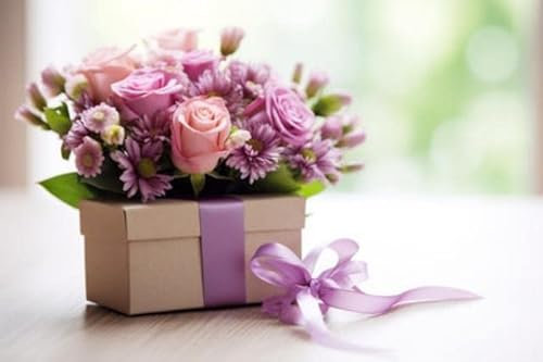 adrium Acryl-Bild 60 x 40 cm: Vintage Rosenblüten und Geschenkbox mit Schleife auf dem Tisch. Grußkarte zum Geburtstag, Frauen- oder Muttertag. (205185904)