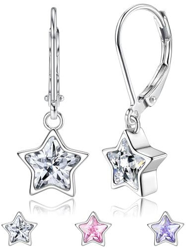 JeweBella Ohrringe - Silber 925 Hängend für Damen & Mädchen - Stern Ohrhänger mit Hypoallergene Zirkonia Anhänger - Rosa, Lila, Weiß - Niedliche Stern Ohrringe für Kinder & Frauen