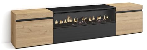 Skraut Home | TV-Schrank, Lowboard | für Wohnzimmer und Esszimmer | 200x45x35cm | Für TV-Geräte bis zu 80 | Elektrokamin. Maße | Moderner Stil | Eiche Schwarz
