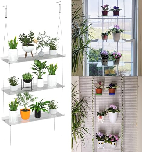 Jolitac Acryl-Fensterkästen, Pflanzenregale für Fenster, Acryl-Hängefenster, Pflanzenregale, Innenfenster, Wandbehang, Pflanzenständer, Blumenregale (transparent, 3 Ebenen)