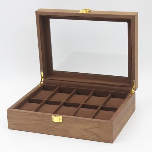 MR Maestro Relojero - Vitrina de Lujo para 10 Relojes | Madera Wallnut | Guarda y Protege tus Relojes | Acabado Interior en Microfibra, Crema, Madera
