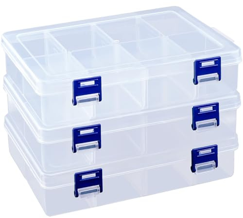 3Pcs Clear Craft Storage Boxes, Adjustable Dividers 8 Grids Plastic Tiered Organiser Diamond Embroidery Box, DIY Art Craft Grids Accessories Storage Box for Beads/Jewellery/Arts/Crafts (24 grids)