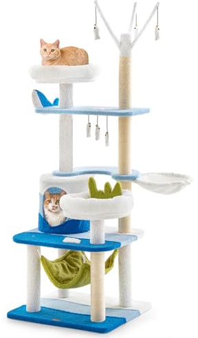 COSTWAY Kratzbaum, Katzenbaum mit Katzenhöhle & Sitzfläche & Ball & Spielzeug & Hängematte, Katzenkratzbaum Ocean-Serie, Katzen Katzenmöbel, Kletterbaum Aktivitätsbaum Spielbaum, Blau (59x49x165cm)
