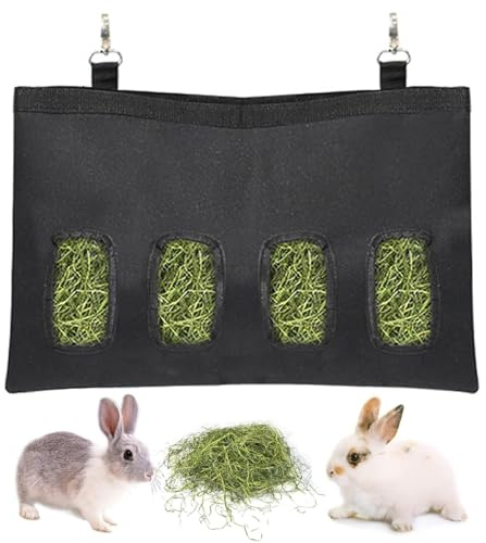 Rabbit Hanging Hay Feeder Bag, Guinea Pigs Hanging Hay Feeder Storage, Black Hanging Feeding Hay for Small Animal Bunny Chinchilla Hamster