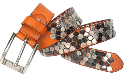 MYIESAXL Ledergürtel mit Nieten, Metall-Rock-Stil, Nietendekoration, verstellbare Zinkenschnalle, Freizeit-Jeansgürtel（Orange, 120cm/waist:40~42）