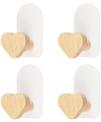 MOROBOR Selbstklebende Wandhaken aus Holz, 4 Stück, Wandmontage, herzförmige Dekorationen, Haken, Kinder-Kleiderhaken, Cartoon-Holzhaken für Handtücher, Rucksäcke, Hüte und Mäntel